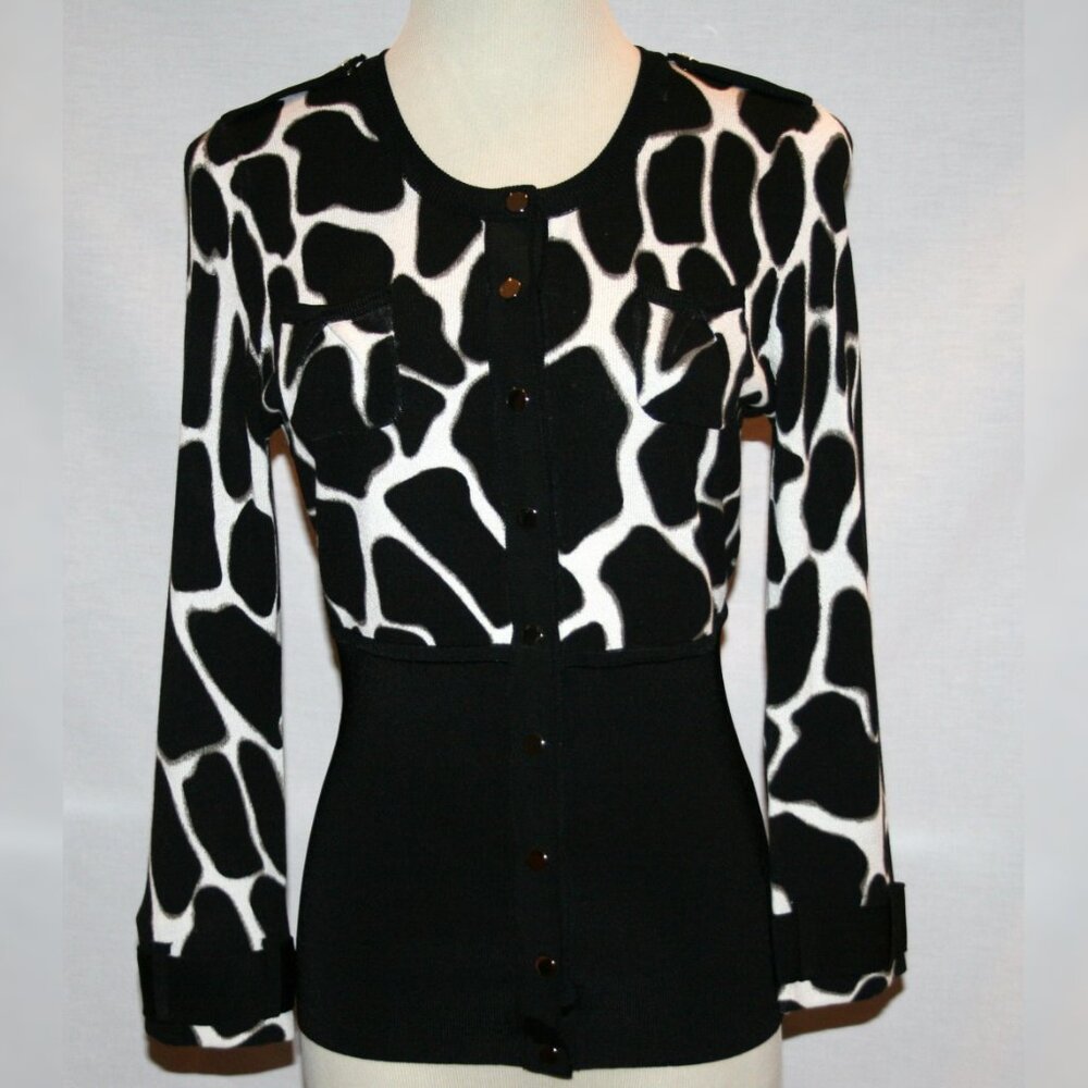 ETCETERA Black & White Nylon Knit Snap Front Sweater Small